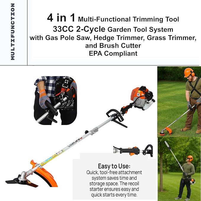 33cc 2-Cycle Gas Multi-Trimmer | 4-in-1 String Trimmer w/Rotatable Pole Saw, Weed Eater Weed Wacker, Brush Cutter & Hedge Trimmer Gas for Lawn, Yard, Garden Care, All-in-one Garden Tool