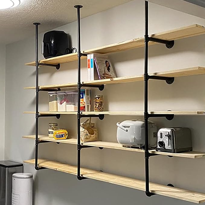 HITOMEN Industrial Iron Pipe Shelves, 2 Set 4-Tier, 56" Tall, 12" Depth, DIY Open Bookshelf Bookcase, Wall Mounted Vintage Retro Shelving, Rustic Farmhouse Pantry Kitchen Storage, Black Shelf Brackets