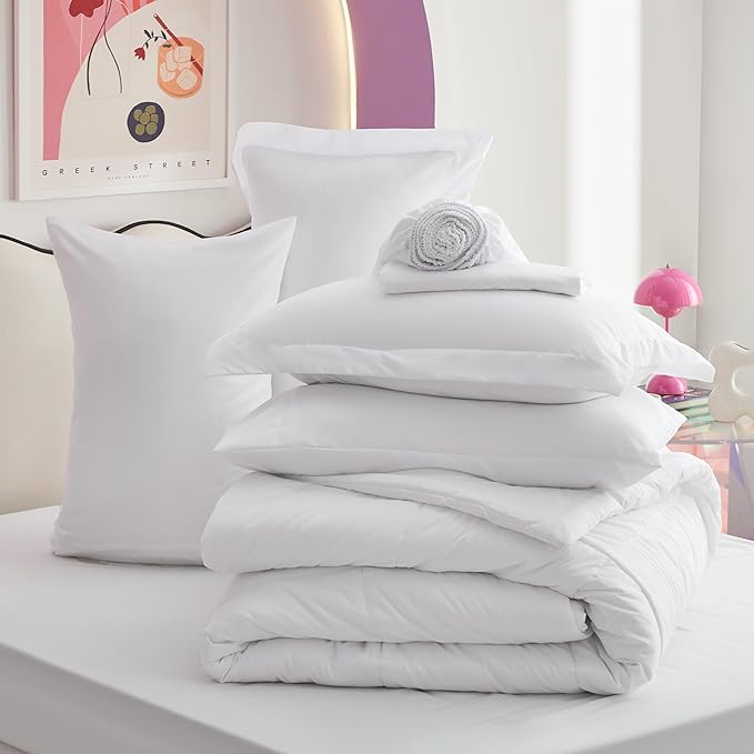 Bedsure White Full Size Comforter Set - 7 Pieces Solid Full Bed in a Bag, Full Bed Set White with Comforters, Sheets, Pillowcases & Shams