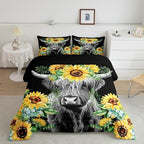 Highland Cow Bedding Set Kids Sunflower Floral Western Cow Bull Comforter Set for Girls Teens Farmhouse Wildlife Animal Comforter Black Duvet Set Room Decor Quilt Set Twin Size