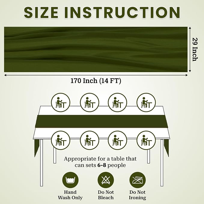 Pack of 15 | Olive Green | 14ft Chiffon Table Runner 29x170 Inches Long Romantic Rustic Sheer Gauze Runner for Wedding Bridal Shower Birthday Banquets Engagement Spring Easter Boho Decorations