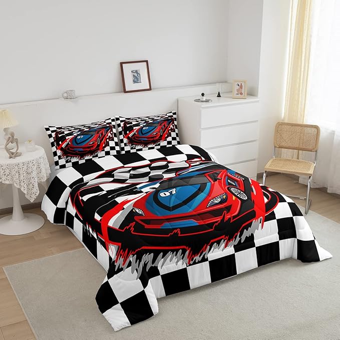 Erosebridal Racing Car Comforter Set, Dirt Bike Down Comforter,Cartoon Race Car Competition Extreme Sports Game Duvet Set for Kids Boys Teens Men, Red Automobile Quilted Duvet Decor 3 Pcs Queen Size