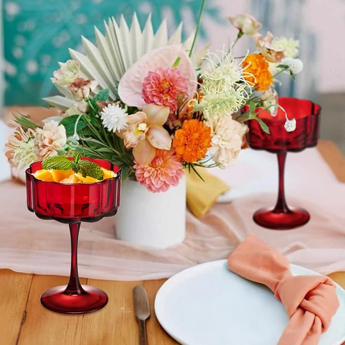 Vintage Champagne Coupes Glass Cute Martini Cocktail Glasses,13oz Crystal Martini Wine Glasses Set Of 12 Elegant Flower -Shaped Goblet Drinking Champagne Dessert Yogurt Ice Cream Glassware Cups Red