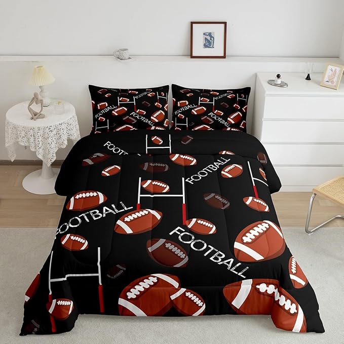 Feelyou Rugby Sports Comforter Set Queen Size Football Comforter for Kids Teens Adults Soccer Ball Game Bedding Set Gift for Football Lover Duvet Set Room Decor 3Pcs with 2 Pillow Case