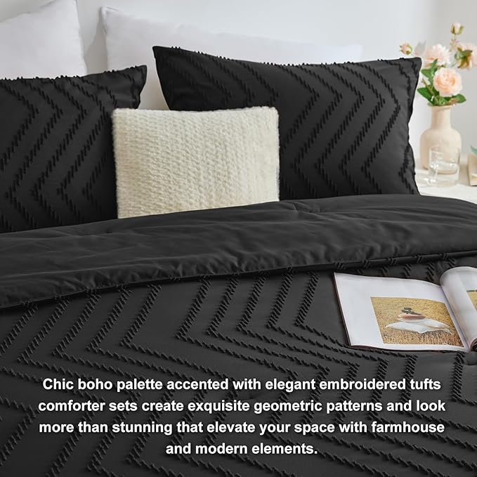 CozyLux King Size Comforter Set Black - 3 Pieces Black Boho Tufted Shabby Chic Bedding Comforter Set for All Seasons, Chevron Bedding Sets with Comforter & 2 Pillow Shams
