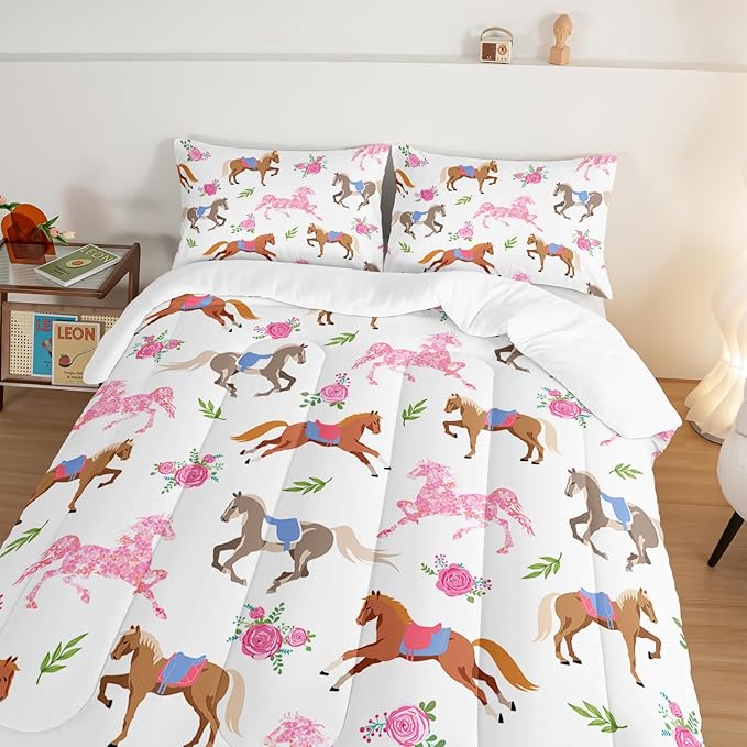 HOSIMA Kawaii Pink Rose Horse Queen Comforter Set,Cute Animal Horse Bedding Girls Teens Aesthetic Room Decor,Princess Toddler Bedding Set Cowboy Cowgirl Colorful Pony Queen Size Bed in a Bag.