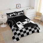 Erosebridal Gamer Comforter Set King,Gaming Bedding Set for Kids Teens,Black and Grey Buffalo Plaid Reversible Duvet Insert,Novelty Gamepad Pattern Down Comforter with 2 Pillow Shams Lightweight