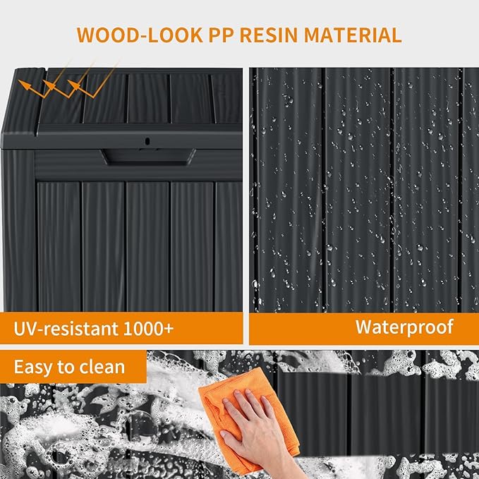 28 Gallon Resin Deck Box, Lockable Outdoor Storage Box for Patio Cushions Storage Furniture,Garden Tools, Pool Supplies, Weatherproof and UV Resistant（Black）