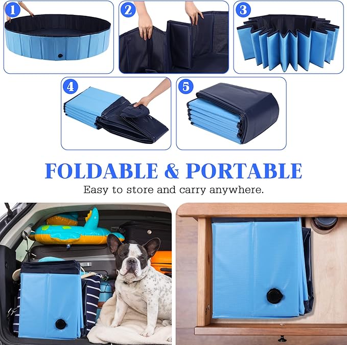 Foldable Dog Pool, Portable Pet Bath Tub and Kiddie Swimming Pool, Collapsible Bathtub for Puppies, Small, Medium and Large Dogs, Cats and Kids, 39.5 x 12 in, Blue