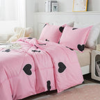 Girls Pink Comforter Set Twin Size, Blush Pink Cute Love Heart Print Sexy Comforter Bedding Set for All Seasons, Geometric Soft Microfiber Comforter Set with Pillowsham