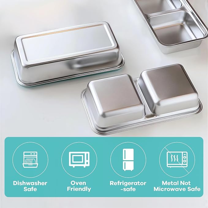 2Pcs 304 Stainless Steel Bento Boxes, 2 Compartments Portable Food Storage Containers Snack Boxes with Lids, Divided Meal Prep Lunch Box Food Container Dishwasher Safe