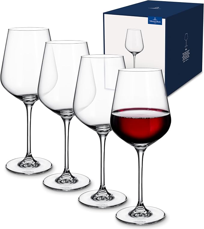 Villeroy & Boch La Divina Collection Red Wine Glass, Set of 4, Crystal Glass, 15.75 oz Capacity, Clear | Crystal glass red wine glasses, dishwasher safe, rounded bowl lets red wine's bouquet fully develop
