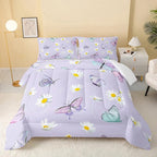 Butterfly Comforter Set for Kids Teens Girls Women,Daisy Kids Comforter,1 Comforter with 2 Pillowcase, Microfiber 3 Piece Bedding Set,for All Seasons(Purple，Full Size)