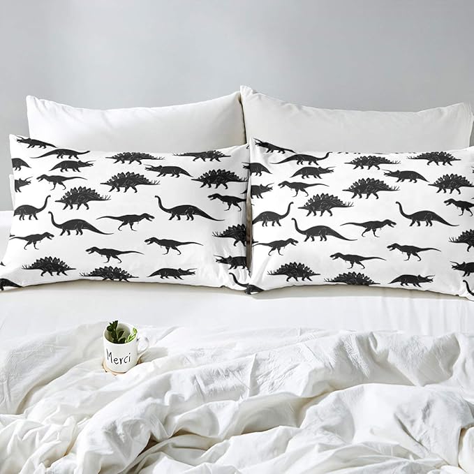Erosebridal Dinosaur Comforter Set Dino Silhouettes Bedding Set Queen Size, Wildlife Animals Black White Duvet Sets for Kids Boys Teens Adult Bedroom Decor Dinosaurs Comforter with 2 Pillow Cases