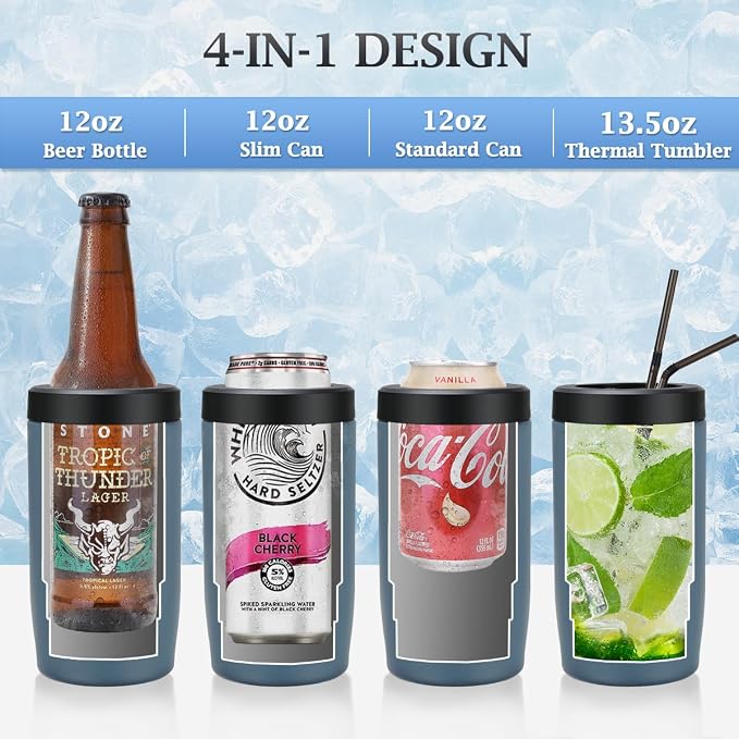 MAXSO Slim Can Cooler, 4-in-1 Double Walled Stainless Steel Insulated Beer Can Holder, Works With All 12 Oz Cans,Bottles & As A Pint Cups - Navy Blue