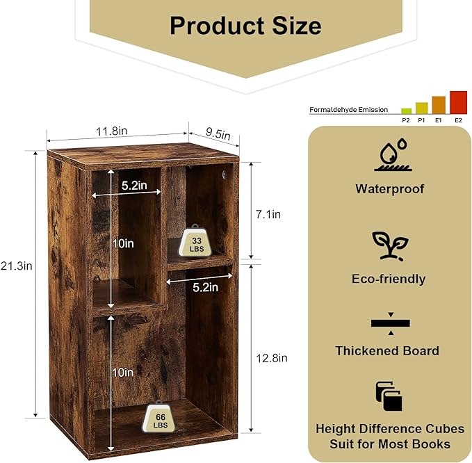 VECELO 3-Cube Open Bookcase, Small Bookshelf with Height Difference Shelves for Most Books, Horizontal Available, 2-Tier Storage Organizer for Home Office, Living Room, Rustic Brown