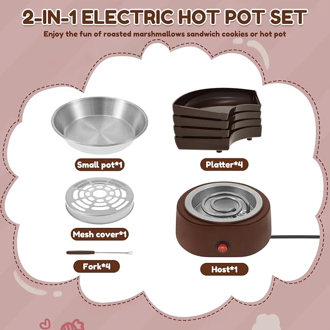 2 in 1 Smores Maker Tabletop Indoor Fondue Set, Smores Maker Tabletop Indoor Kit with Removable Trays & 4 Skewers Unique Couple Gift Set Idea, Parties, Date & Movie Night Supplies,Black