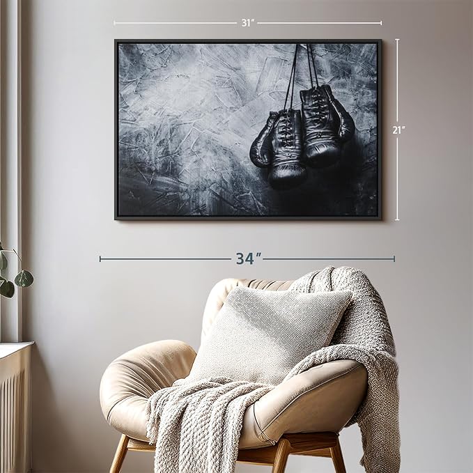ElephantStock Boxing Gloves Wall Art - Horizontal Framed Canvas - 1-Piece Living Room Wall Decor - Photography Sports Canvas Print - Black and Gray Decor for Wall - 31" X 21"