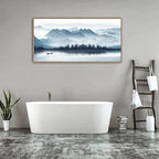 Indigo Framed Canvas Wall Art Misty Mountain Wall Pictures Foggy Lake Boat Canvas Painting Prints Forest Birds Canvas Wall Decor for Living Room Bedroom Decorations Natural Framed 24" x 48"