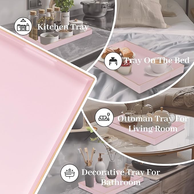 MAONAME Pink Decorative Tray for Coffee Table, Serving Tray with Handles | Plastic Melamine Tray, Modern Ottoman Tray, Rectangular Countertop Organizer Tray for Living Room, 15.8"L x 10.2"W x 1.4"H