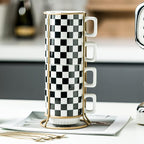 Miamolo Stackable Coffee Mug Set of 4 with Rack and Spoons, Space-saving | 11 oz, Ceramic | Checkered Black and White Pattern | for Coffee Tea Cocoa Milk, Housewarming Gift | Dishwasher Microwave Safe