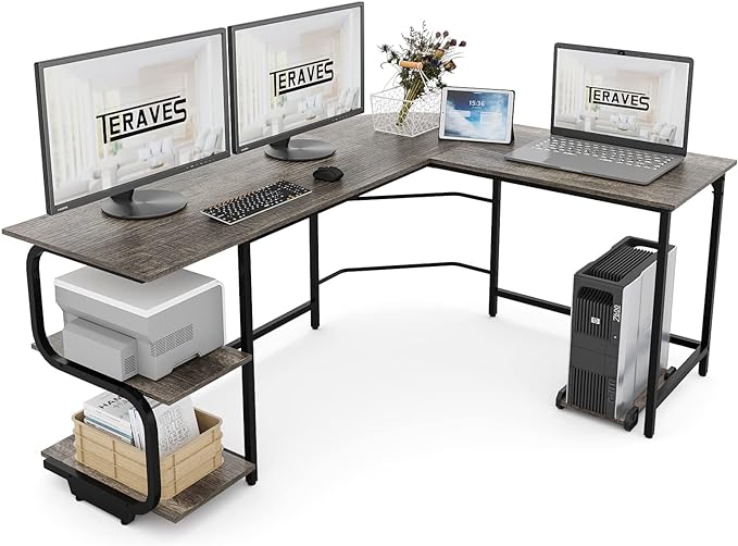 Teraves Reversible L Shaped Desk with Large Surface, 61 Inch Sturdy Corner Desk with Storage Shelves, Premium Office Computer Desk Workstation for Home Office Gaming