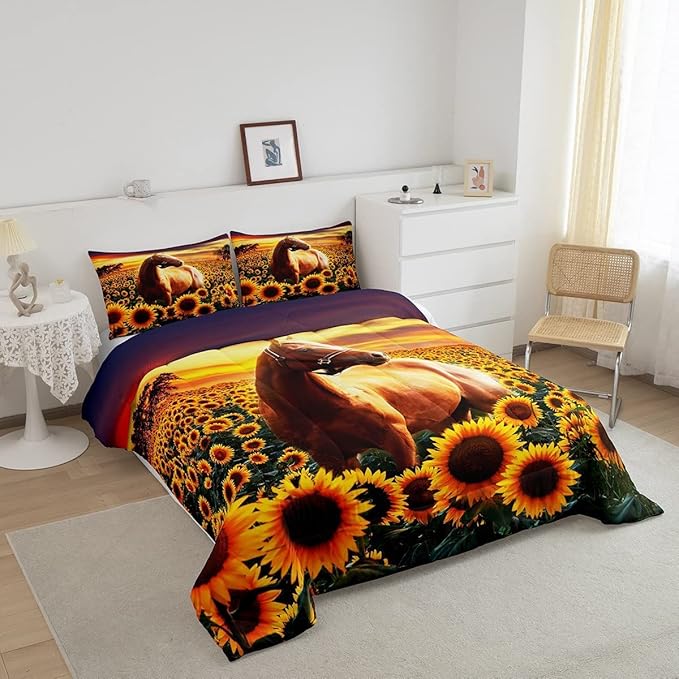 Erosebridal Brown Horse Comforter Set King Size for Kids Adult Teens Farmhouse Decor Sunflower Bedding with Sunset, Cowboys 3D Wild Animal Horse Print Quilt Rustic Style Cowgirls Down Comforter