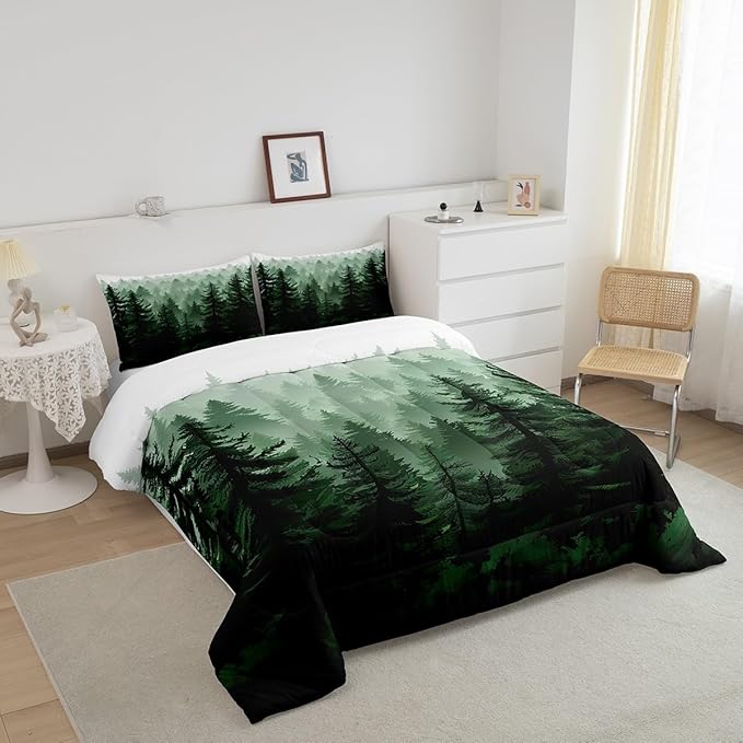 Fog Forest Comforter Botanical Pine Trees Comforter Set for Boys Girls Children Watercolor Style Green Comforter Set Room Decor Full Size Duvet Set 3Pcs