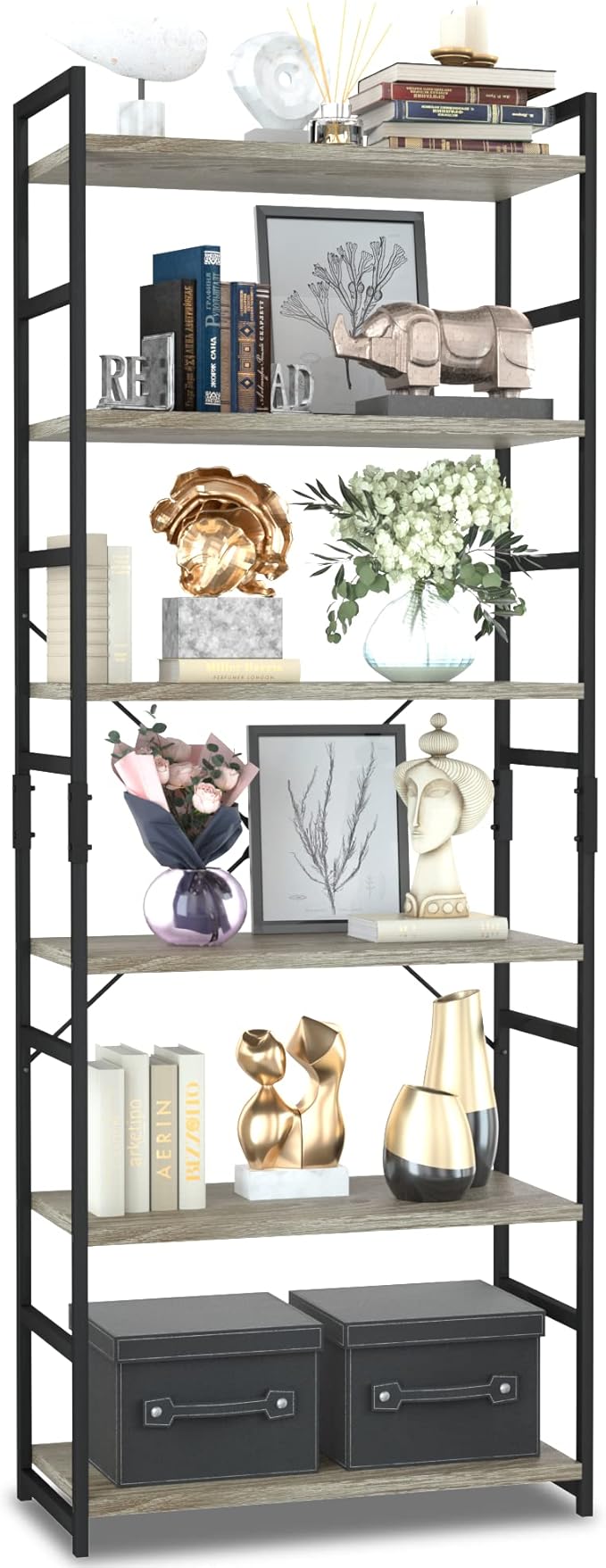 NUMENN 6 Tier Bookshelf, Tall Bookcase Shelf Storage Organizer, Modern Book Shelf for Bedroom, Living Room and Home Office, Grey
