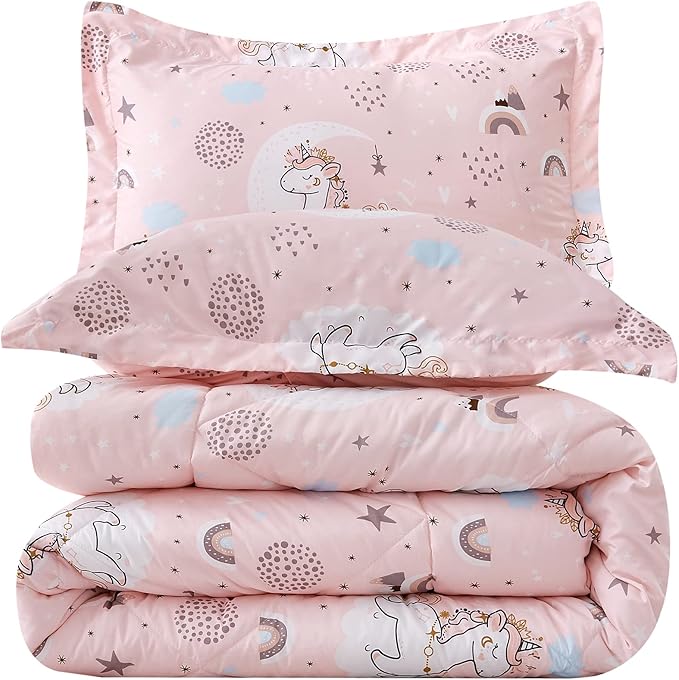 JSD Pink Unicorn Kids Comforter Set for Girls, 3 Pieces Full Microfiber Comforter with Pillow Sham, Soft Comfortable Machine Washable