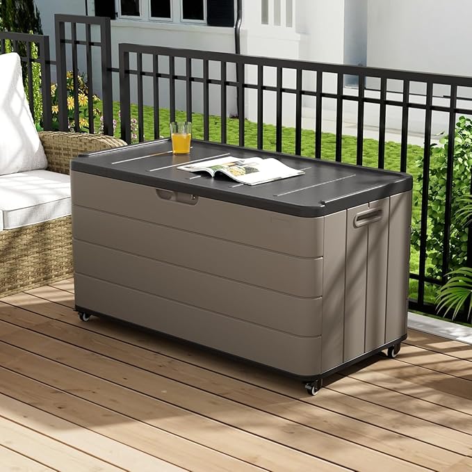100GAL Brown Wicker-Textured Deck Box with Wheels – Lockable, Waterproof, UV-Resistant, Spacious Storage for Patio & Garden Supplies, Easy Handling