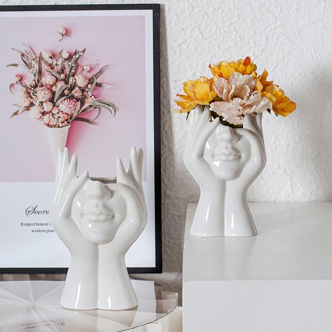 Face Flower Vase,White Ceramic Body Vase, Decorative Vase Dining Table Centerpiece,Modern Small Vase for Coffee Table Bathroom Shelf Living Room Decor 3.54'' W X 7.3'' H