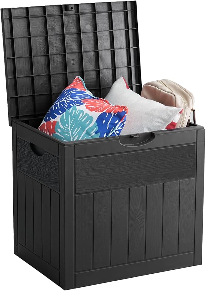31 Gallon Deck Box, Small Outdoor Storage Box Waterproof, Lockable Secure Package Bin Delivery Box for Outside Front Porch, Patio Cushions Storage Box, Delivery Driver Snack Box for Porch, Black