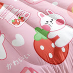 Strawberry Rabbit Comforter Set for Kids Teens Girls Women,Pink Bunny Kids Comforter,1 Comforter with 2 Pillowcase, Microfiber 3 Piece Bedding Set,for All Seasons(Pink，Queen Size)