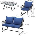YITAHOME 4-Piece Patio Furniture Wicker Outdoor Bistro Set, All-Weather Rattan Conversation Loveseat Chairs for Backyard, Balcony and Deck with Soft Cushions and Metal Table (Navy Blue)