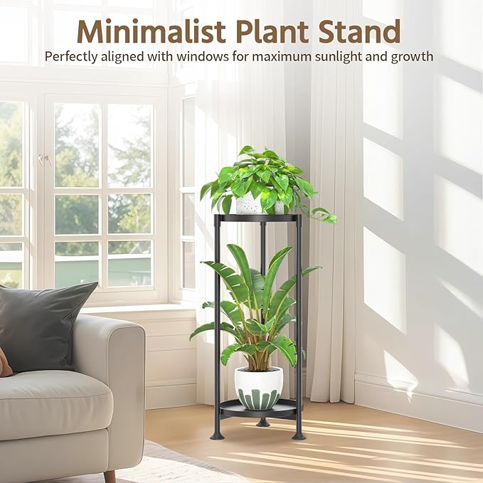 LASZOLA 2 Tier Black Plant Stand Indoor for Large Tall Heavy Duty Flower Planter, Metal Vertical Multi Level Rack for Narrow Floor Corner, Sturdy Round Holder Organizer, Modern, Mid Century, Farmhouse