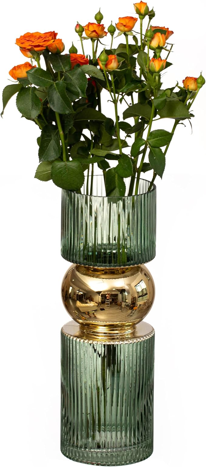 14-Inch Decorative Green Tall Glass Vase - Modern Minimalist Decor for Parties, and Special Events - Perfect Centerpiece for Coffee Tables, Living Rooms, Dining Tables, Offices, and Farmhouse Decor