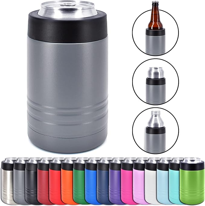 4-in-1 Stainless Steel 12 oz Double Wall Vacuum Insulated Can or Bottle Cooler Keeps Beverage Cold for Hours - Also Fits 16 oz Cans - Powder Coated Dark Gray - Clear Water Home Goods