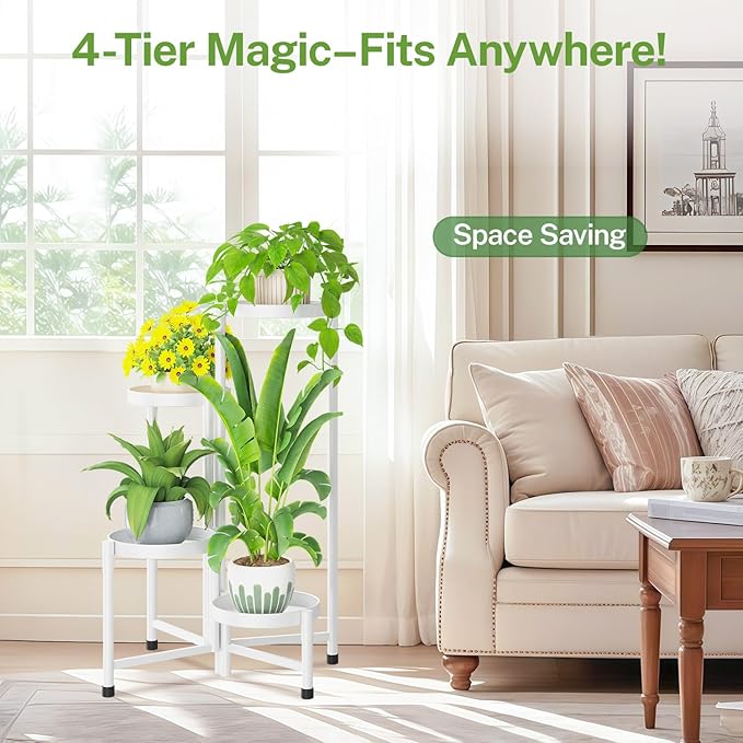 iDavosic.ly Plant Stand Indoor Outdoor, 4 Tier Corner Metal Flower Display Holder Shelf, Folding Tall Orchid Rack for Patio Balcony Porch Garden Living Room House, White