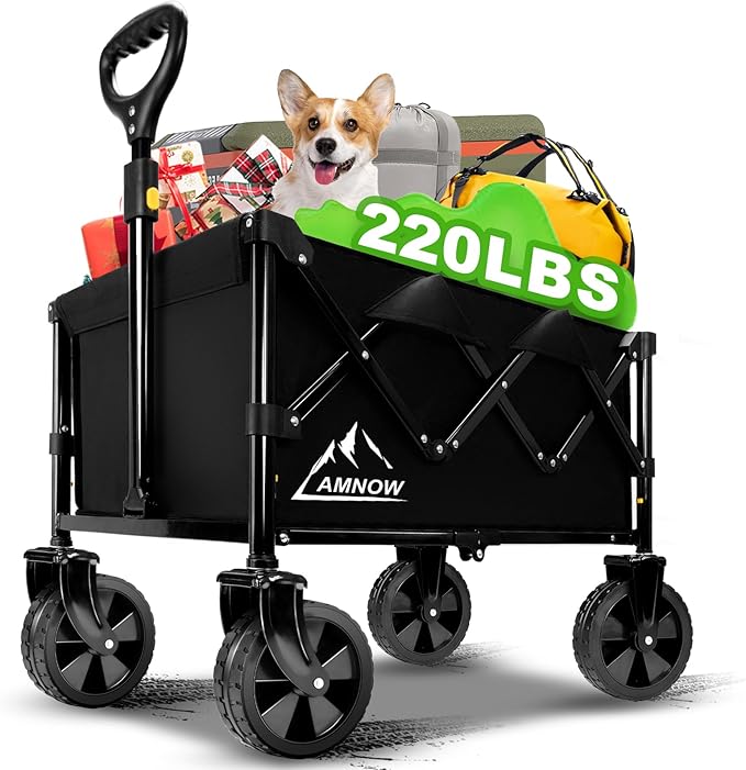 Collapsible Wagon Cart with Wheels Foldable, Folding Wagons Carts with Silent Universal Wheels, Large Grocery Cart On Wheels, Heavy Duty Utility for Shopping Beach Sports Fishing Camping, Black