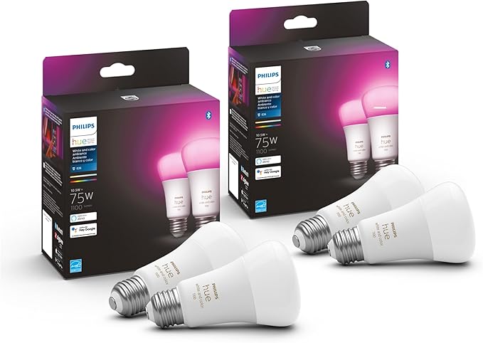 Philips Hue 75W A19 White and Color Ambiance LED Smart Color-Changing Bulb - Pack of 4 - E26 Indoor - Control with Hue App - Compatible with Alexa, Google Assistant, and Apple Homekit