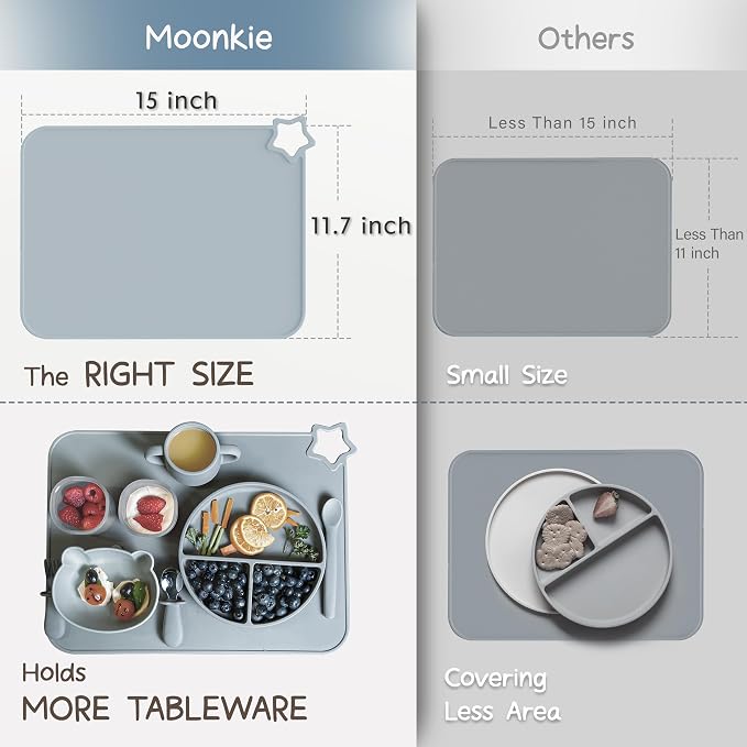 Moonkie Silicone Placemats for Baby & Kid, Stain-Proof Non-Slip Toddler Food Mats Eating Table Mat with 2 Packs
