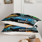 Axolotl Car Comforter Set Queen Size,Cool Speed Race Car Comforter for Kids Boys Girls Teens Bedroom,Extreme Sport Quilt Duvet 1 Comforter 2 Pillowcase Car Racing Gifts,Blue Red Orange