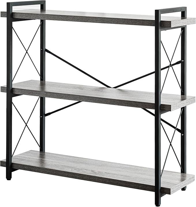 HCHQHS Bookshelf, 3-Tier Industrial Bookcase, Rustic Open Book Shelf, Freestanding Horizontal Bookshelves with Metal Frame
