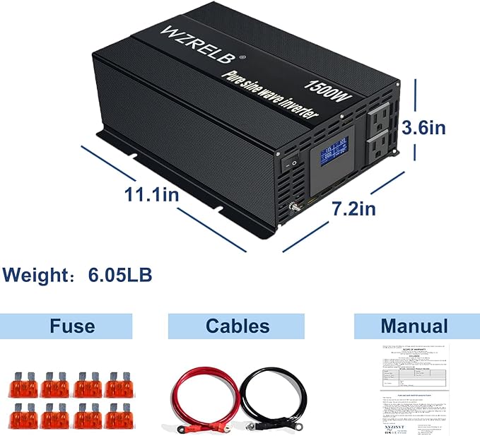 WZRELB 1500W Pure Sine Wave Inverter 48VDC to 120VAC Solar Power Converter Truck RV Home LCD Display