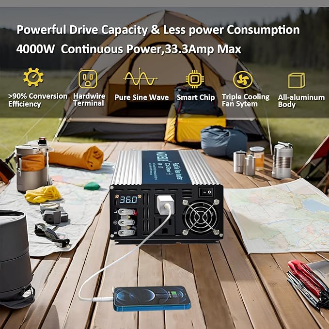 WZRELB 4000W Pure Sine Wave Inverter 36V DC to 110V 120V AC Power Converter with LED Display, Hardwire Terminal,Off-Grid Portable Power Inverter with Dual AC Outlets for Home, RV, Truck, Camping