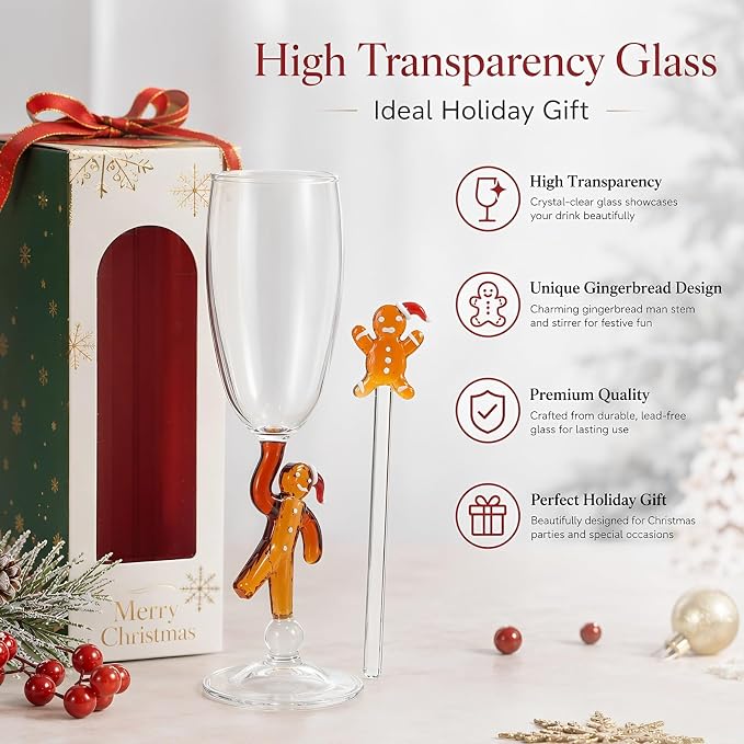 Festive Wine Glass with Stirrer, 7oz Gingerbread Man Glass Cup | Decorative Christmas Stemware for Holiday Tableware Cocktail Juice Red Wine, Winter Glassware