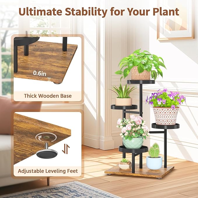 LASZOLA Black 4 Tier Plant Stand Indoor Heavy Duty Rack for Modern House Planter, Metal and Wooden Vertical Organizer Decor Narrow Bathroom Floor, Sturdy Multi Level Flower Holder Raised, Cat Proof