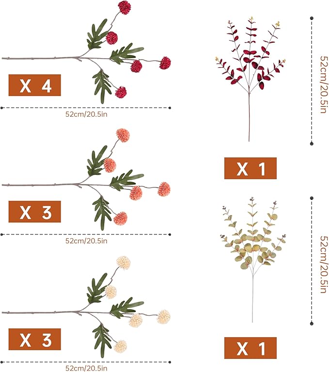 Faux Kiku Flowers Fall 10 Stems & 2 Eucalyptus, Fake Mums Pompon Flower Ball, Autumn Burnt Orange Artificial Chrysanthemums Flowers for Boho Decor, Mini Faux Kiku Flower Wedding Arrangements Decor