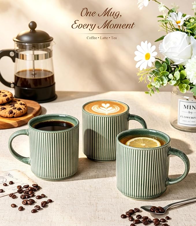 GBhome Coffee Mugs Set of 6，12 oz Coffee Cups with Handle | Cups for Latte, Tea, Cocoa & Milk, Ideal for Daily Use & Gifts, Microwave & Dishwasher Safe, Dark Green